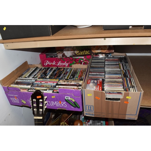 883 - FOUR BOXES OF DVDS, CDS AND AN ACCOUSTIC GUITER, included a Hohner guitar model MC - 05, approximate... 