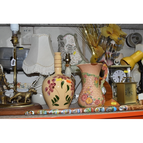 889 - A LARGE GROUP OF DECORATIVE ITEMS to include seven onyx table lamp bases, an Arthur Wood 'Garden' wa... 