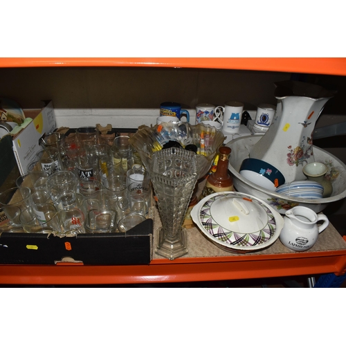 892 - FIVE BOXES AND LOOSE MIXED CERAMICS AND GLASSWARE to include two boxes of mostly advertising glasses... 