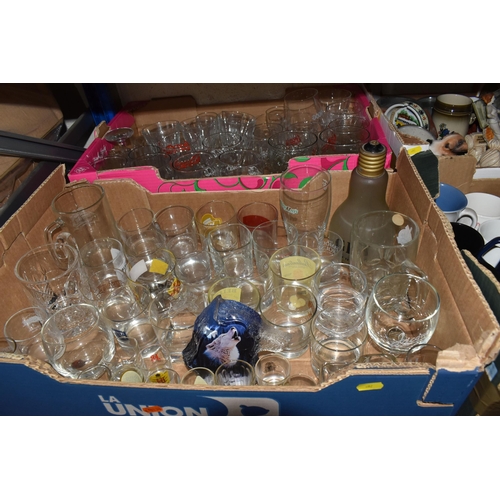 892 - FIVE BOXES AND LOOSE MIXED CERAMICS AND GLASSWARE to include two boxes of mostly advertising glasses... 