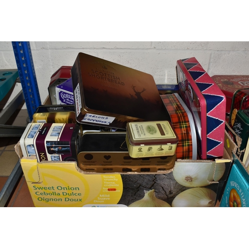 893 - SIX BOXES AND LOOSE MISCELLANEOUS ITEMS to include two boxes of vintage and modern biscuit tins, a b... 