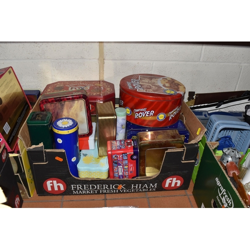 893 - SIX BOXES AND LOOSE MISCELLANEOUS ITEMS to include two boxes of vintage and modern biscuit tins, a b... 