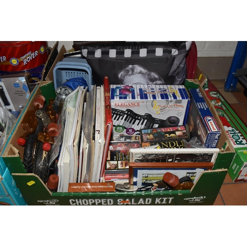 893 - SIX BOXES AND LOOSE MISCELLANEOUS ITEMS to include two boxes of vintage and modern biscuit tins, a b... 