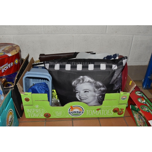 893 - SIX BOXES AND LOOSE MISCELLANEOUS ITEMS to include two boxes of vintage and modern biscuit tins, a b... 