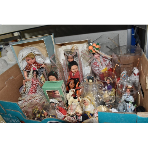 894 - TWO BOXES OF STUFFED TOYS AND FOLK COSTUME DOLLS to include a box of approximately twenty-five vario... 