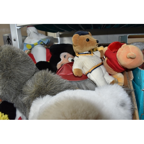 894 - TWO BOXES OF STUFFED TOYS AND FOLK COSTUME DOLLS to include a box of approximately twenty-five vario... 