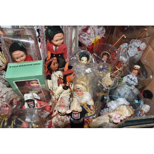 894 - TWO BOXES OF STUFFED TOYS AND FOLK COSTUME DOLLS to include a box of approximately twenty-five vario... 