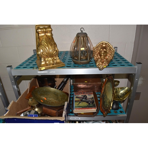 896 - ONE BOX AND LOOSE MISCELLANEOUS ITEMS to include a Chinese brass bowl with etched dragons and a cent... 