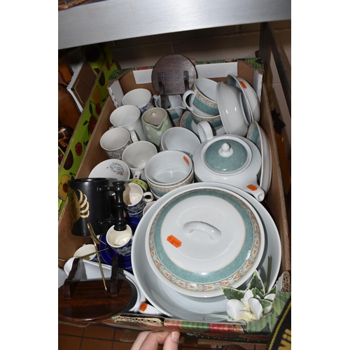 897 - FIVE BOXES OF GLASS, CERAMICS, AND TREEN to include a quantity of Wedgwood Home 'Aztec' dinnerware t... 