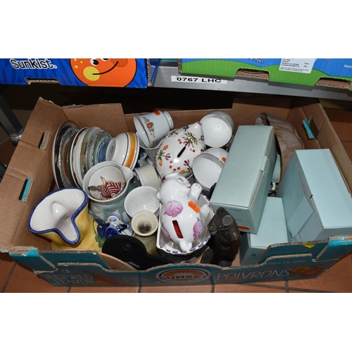 897 - FIVE BOXES OF GLASS, CERAMICS, AND TREEN to include a quantity of Wedgwood Home 'Aztec' dinnerware t... 