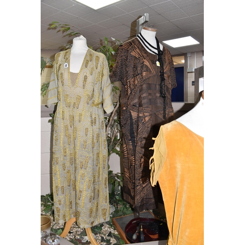 900 - THREE 1920'S/1930'S VINTAGE DRESSES, comprising a black silk dress with copper coloured machine embr... 