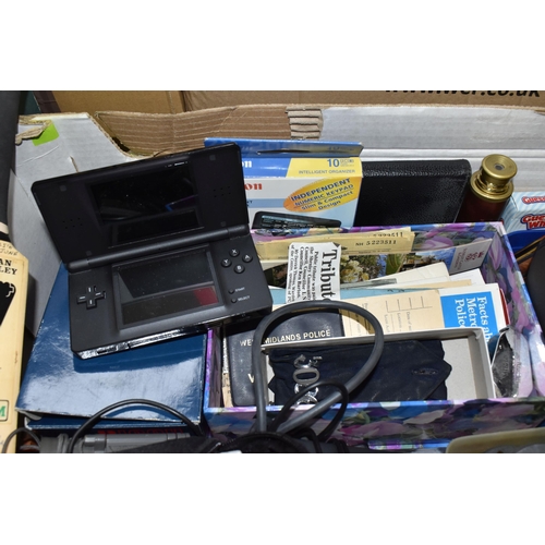 904 - FOUR BOXES AND LOOSE ELECTRONICS, PICTURES, CDS AND SUNDRY ITEMS, to include a black Nintendo DS Lit... 