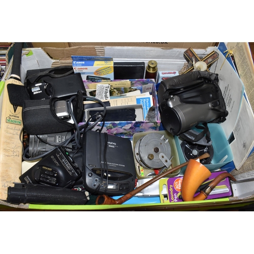 904 - FOUR BOXES AND LOOSE ELECTRONICS, PICTURES, CDS AND SUNDRY ITEMS, to include a black Nintendo DS Lit... 