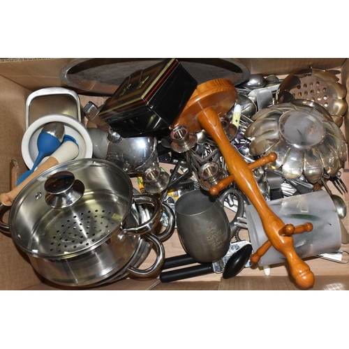 906 - FIVE BOXES AND LOOSE MISCELLANEOUS ITEMS to include a box of assorted metalware comprising a large q... 