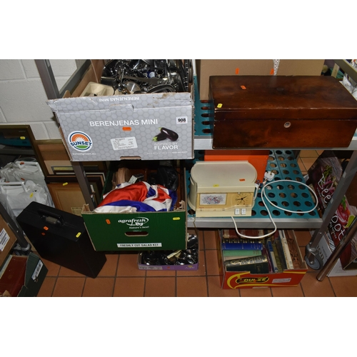 908 - FIVE BOXES AND LOOSE MISCELLANEOUS ITEMS to include two boxes of vintage books to include assorted r... 