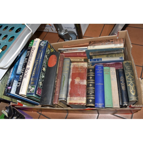 908 - FIVE BOXES AND LOOSE MISCELLANEOUS ITEMS to include two boxes of vintage books to include assorted r... 