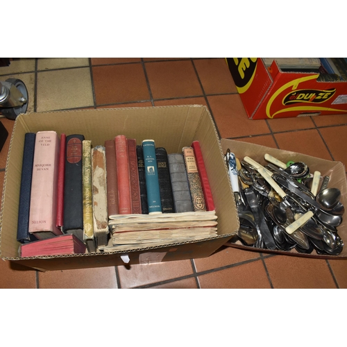 908 - FIVE BOXES AND LOOSE MISCELLANEOUS ITEMS to include two boxes of vintage books to include assorted r... 