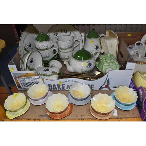 942 - TWO BOXES AND LOOSE CERAMIC KITCHENWARE, to include a selection of covered vintage butter/cheese dis... 