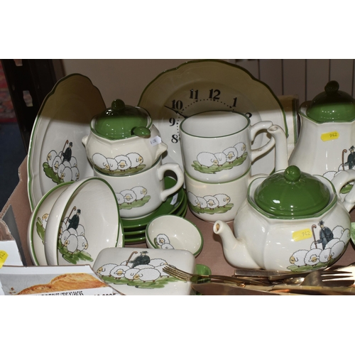 942 - TWO BOXES AND LOOSE CERAMIC KITCHENWARE, to include a selection of covered vintage butter/cheese dis... 