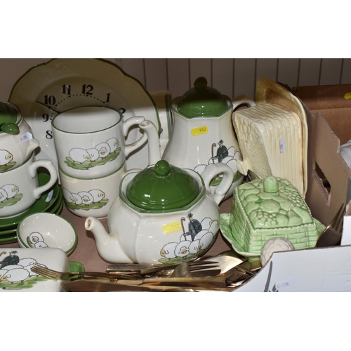 942 - TWO BOXES AND LOOSE CERAMIC KITCHENWARE, to include a selection of covered vintage butter/cheese dis... 