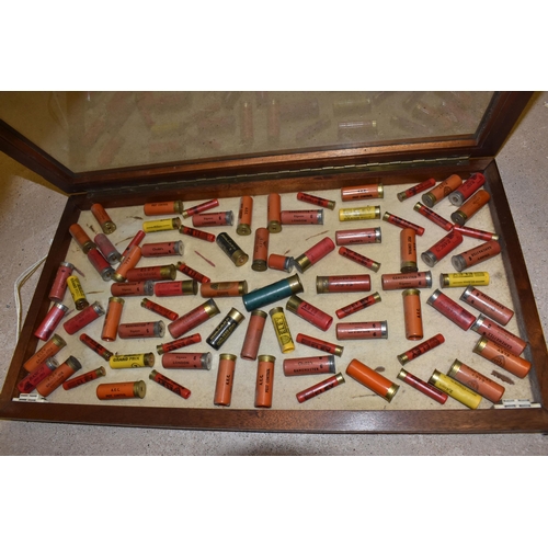 970 - A GLAZED DISPLAY CASE CONTAINING APPROXIMATELY EIGHTY  8, 10, 12 BORE AND .410 GUN CARTRIDGES, brand... 