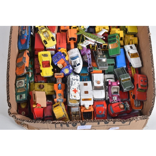 11 - A QUANTITY OF UNBOXED AND ASSORTED PLAYWORN DIECAST VEHICLES, to include Dinky, Matchbox, Corgi, Maj... 