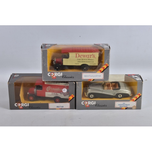 26 - TWENTY BOXED CORGI 1:43 SCALE DIECAST VEHICLES, to include a Thornycroft Van no. C913, a Rolls Royce... 