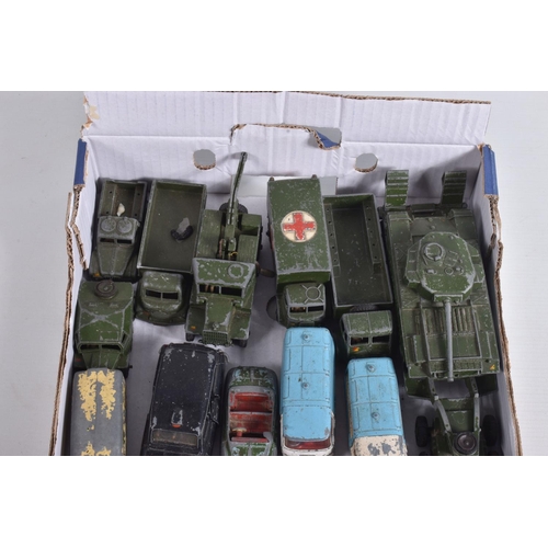 7 - A QUANTITY OF UNBOXED AND ASSORTED PLAYWORN DIECAST VEHICLES, assorted Dinky Toys military vehicles,... 