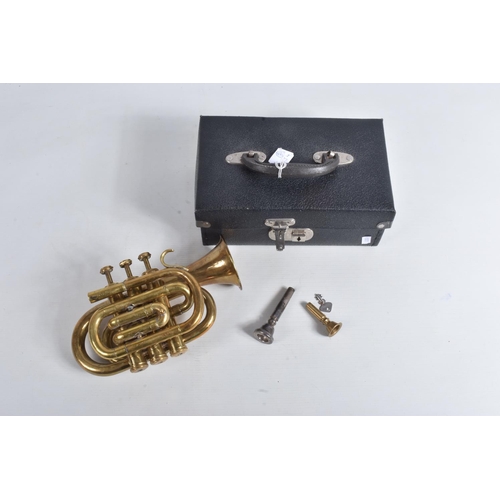 8 - A CASED BRASS CORNET, no makers marking, appears largely complete but has some tarnishing, marking a... 