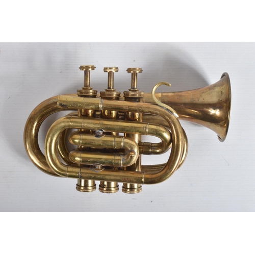 8 - A CASED BRASS CORNET, no makers marking, appears largely complete but has some tarnishing, marking a... 