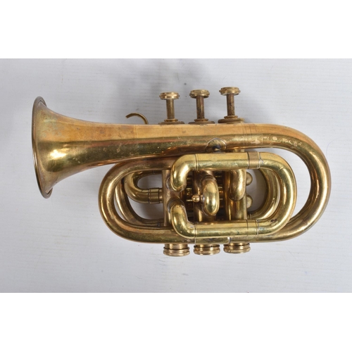 8 - A CASED BRASS CORNET, no makers marking, appears largely complete but has some tarnishing, marking a... 