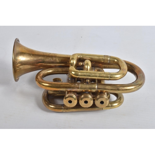 8 - A CASED BRASS CORNET, no makers marking, appears largely complete but has some tarnishing, marking a... 