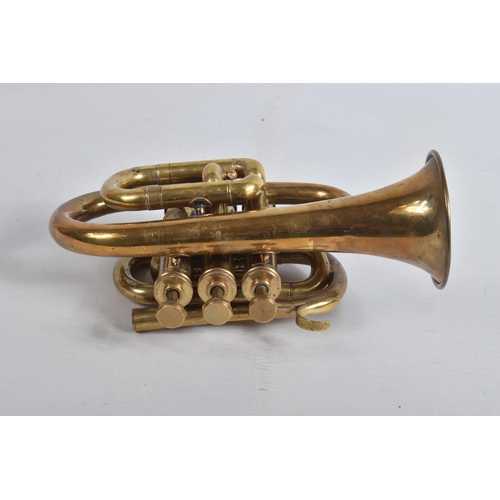 8 - A CASED BRASS CORNET, no makers marking, appears largely complete but has some tarnishing, marking a... 