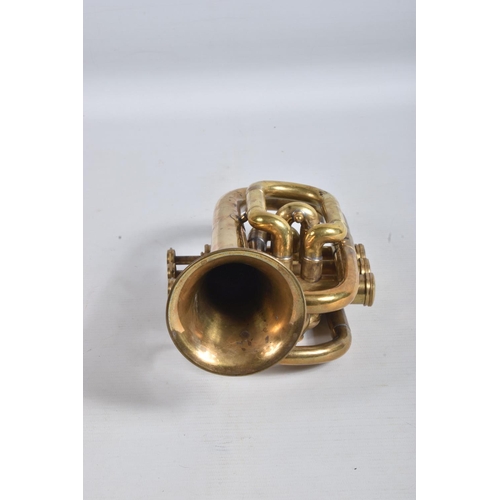 8 - A CASED BRASS CORNET, no makers marking, appears largely complete but has some tarnishing, marking a... 