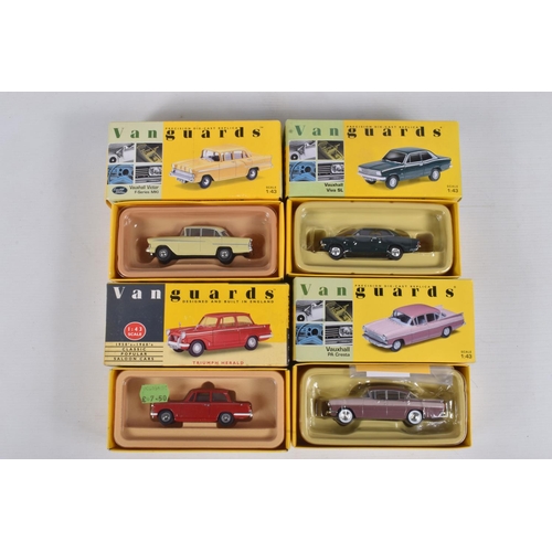 35 - EIGHT BOXED VANGUARDS DIECAST 1:43 SCALE MODEL CARS, to include a Red Herald no. VA5000, an Ambassad... 