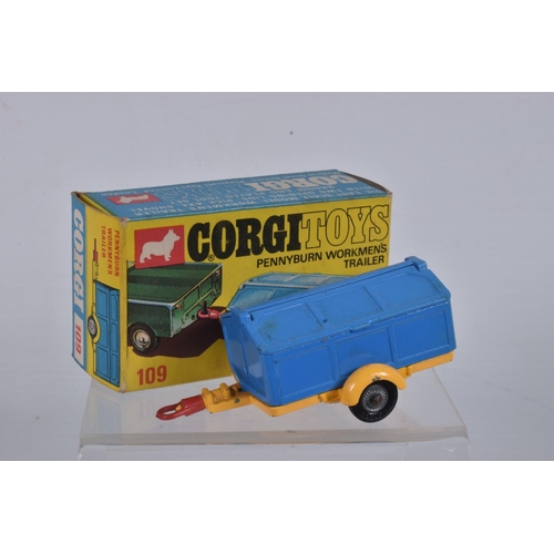 53 - A BOXED CORGI TOYS 109   WB LAND ROVER, No.438, green body, yellow interior, grey canopy, metal hook... 