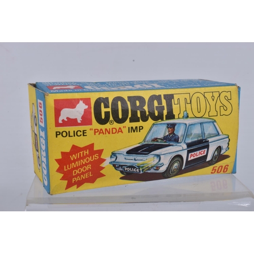 55 - A BOXED CORGI TOYS SUNBEAM IMP POLICE PANDA CAR, No.506, blue and white version, complete with openi... 