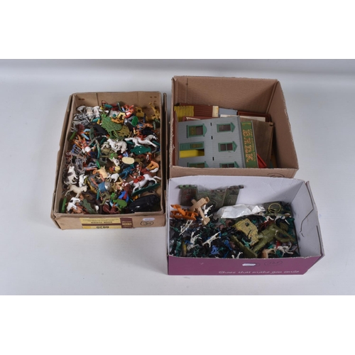 61 - A QUANTITY OF ASSORTED PLAYWORN BRITAINS, TIMPO AND OTHER PLASTIC FIGURES, figures include Cowboys, ... 