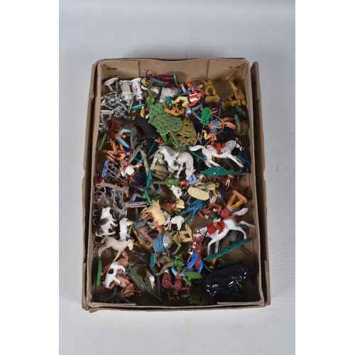 61 - A QUANTITY OF ASSORTED PLAYWORN BRITAINS, TIMPO AND OTHER PLASTIC FIGURES, figures include Cowboys, ... 