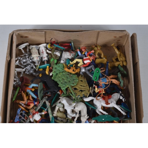 61 - A QUANTITY OF ASSORTED PLAYWORN BRITAINS, TIMPO AND OTHER PLASTIC FIGURES, figures include Cowboys, ... 