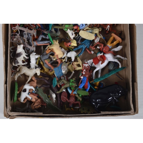 61 - A QUANTITY OF ASSORTED PLAYWORN BRITAINS, TIMPO AND OTHER PLASTIC FIGURES, figures include Cowboys, ... 