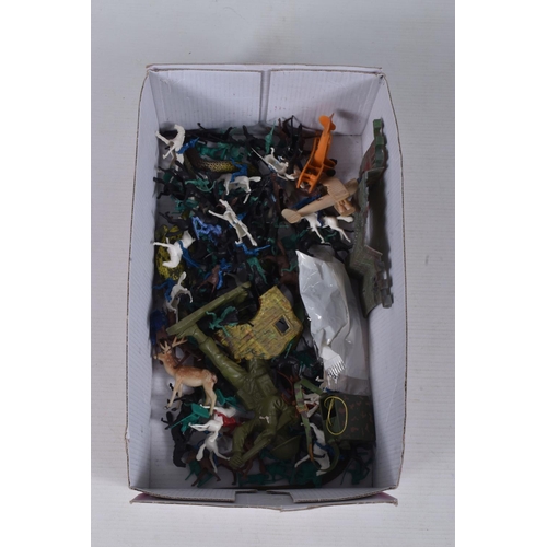 61 - A QUANTITY OF ASSORTED PLAYWORN BRITAINS, TIMPO AND OTHER PLASTIC FIGURES, figures include Cowboys, ... 