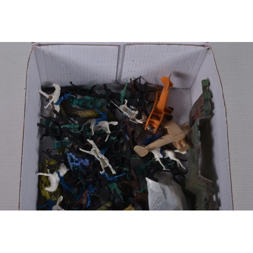 61 - A QUANTITY OF ASSORTED PLAYWORN BRITAINS, TIMPO AND OTHER PLASTIC FIGURES, figures include Cowboys, ... 