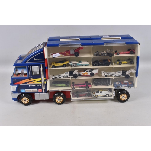 86 - TWO PLASTIC CARRY CASES CONTAINING A COLLECTION OF PLAYWORN DIECAST RACING CAR MODELS, two Chinese m... 