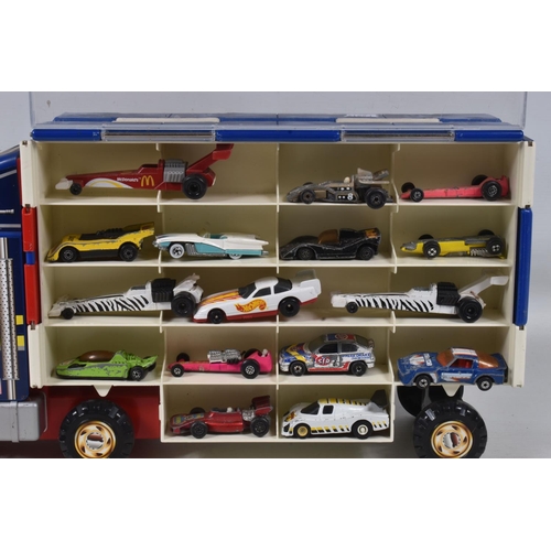 86 - TWO PLASTIC CARRY CASES CONTAINING A COLLECTION OF PLAYWORN DIECAST RACING CAR MODELS, two Chinese m... 