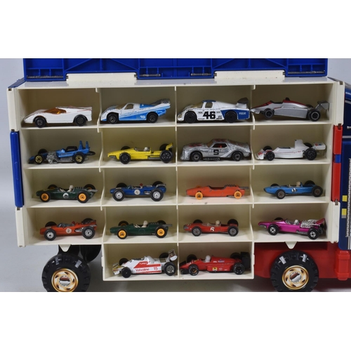 86 - TWO PLASTIC CARRY CASES CONTAINING A COLLECTION OF PLAYWORN DIECAST RACING CAR MODELS, two Chinese m... 