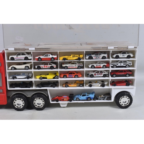 86 - TWO PLASTIC CARRY CASES CONTAINING A COLLECTION OF PLAYWORN DIECAST RACING CAR MODELS, two Chinese m... 