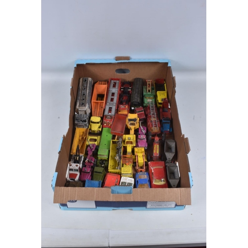 92 - TWO BOXES CONTAINING APPROXIMATELY SEVENTY DIECAST VEHICLES IN HEAVILY PLAYWORN CONDITION, together ... 