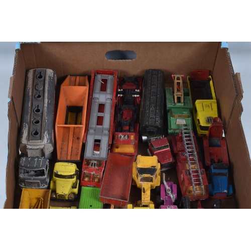 92 - TWO BOXES CONTAINING APPROXIMATELY SEVENTY DIECAST VEHICLES IN HEAVILY PLAYWORN CONDITION, together ... 