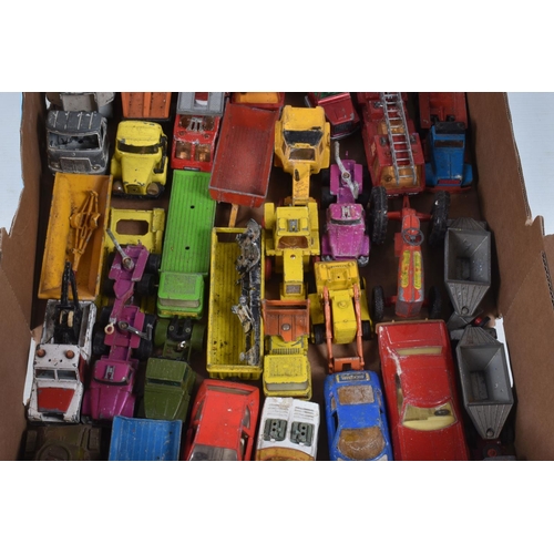 92 - TWO BOXES CONTAINING APPROXIMATELY SEVENTY DIECAST VEHICLES IN HEAVILY PLAYWORN CONDITION, together ... 